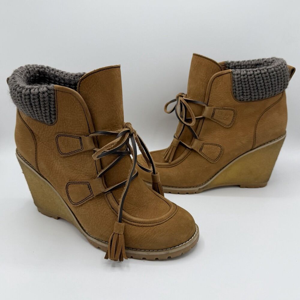 See By Chloe Tan Wallabee Lace-up Tassel Wedge Boots Size 41 / US 10.5